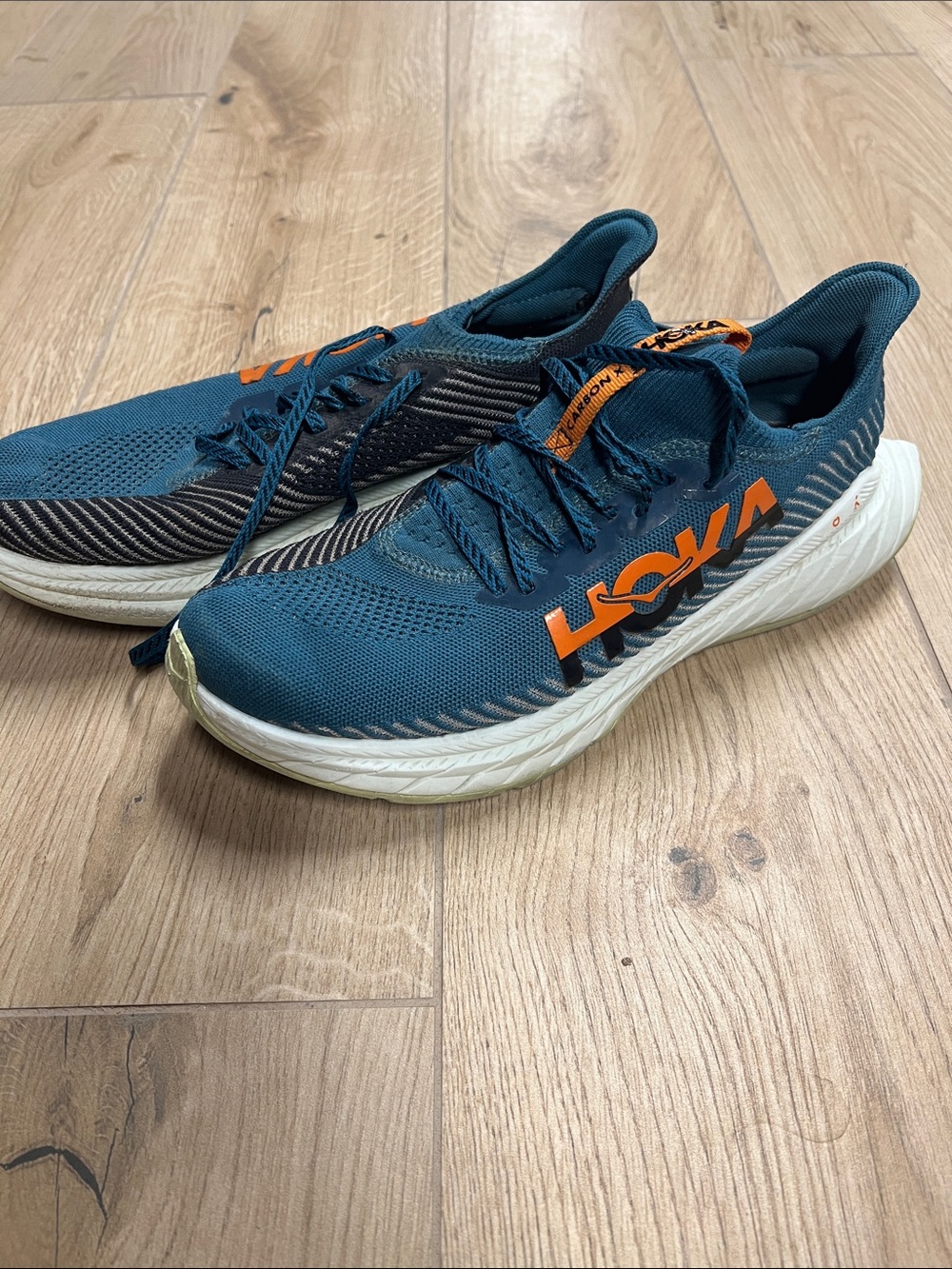 Hoka one carbon X 3 Men's Teal Athletic Running Shoes with Orange Logo
